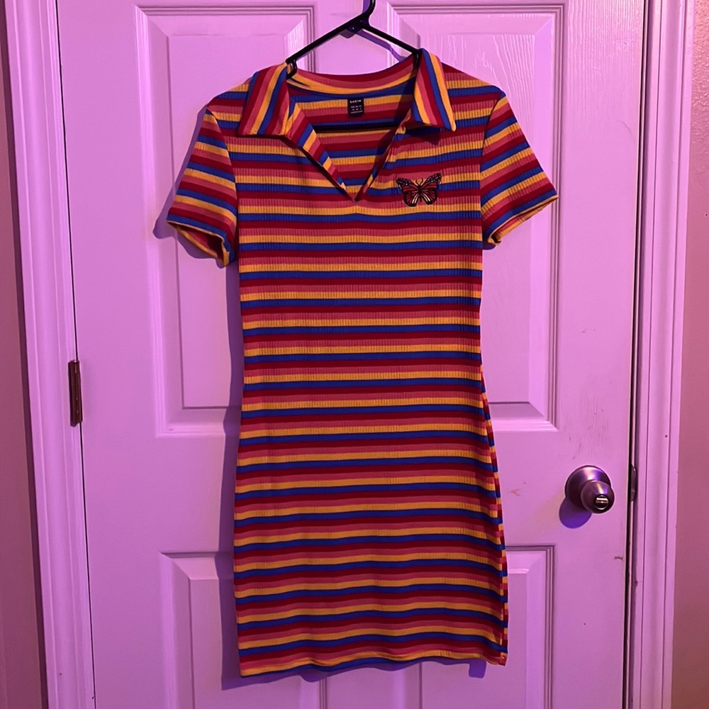 Shein, medium dress. Red, pink, blue, and yellow.